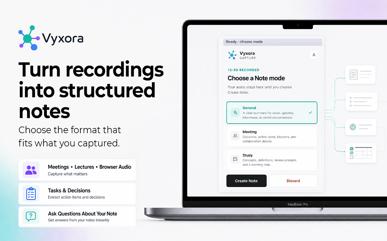 Vyxora - Turn recordings and documents into Notes. Ask questions and check the source.