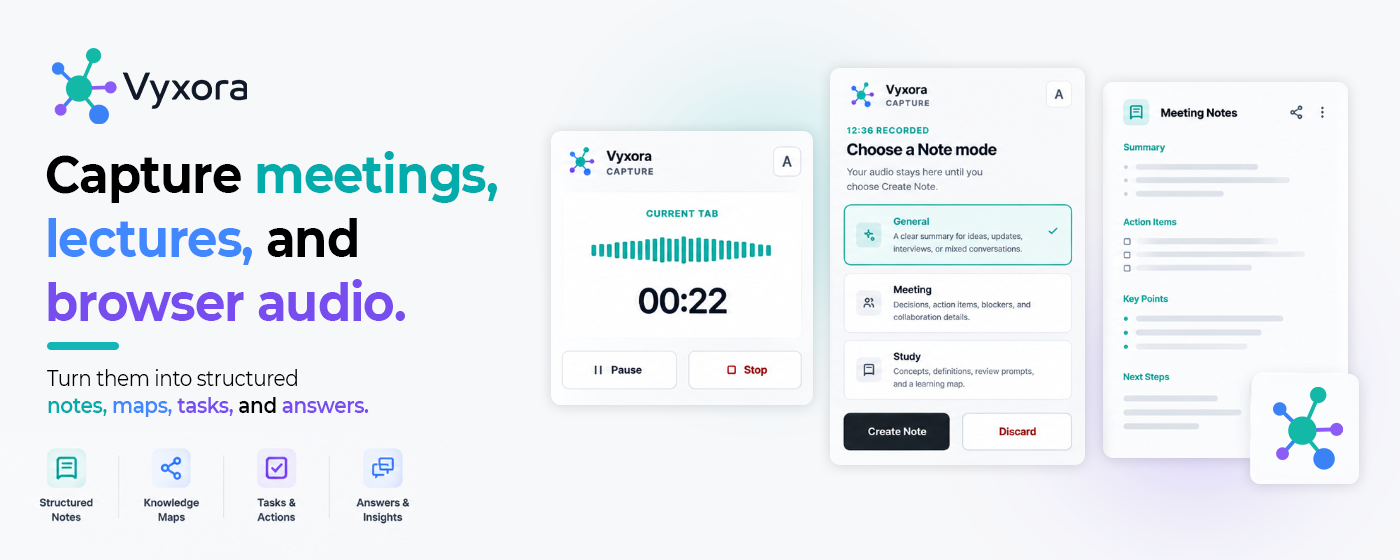Vyxora - Turn recordings and documents into Notes. Ask questions and check the source.